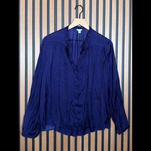 Jigsaw Top 6 / S Womens Blue Satin Button Up Long Sleeve Blouse Balloon Sleeve